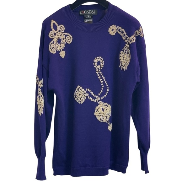 Escada Sweaters - Escada by Margaretha Ley Vintage Purple Wool Sweater w/ Gold Embroidery Size 38
